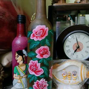 Handpainted Floral Art On Glass Bottle/ Vase