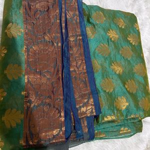 Green Saree With Brown And Blue Border