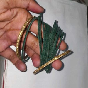 14 Pcs Of Velvet Green Bangles With 2 Kangans