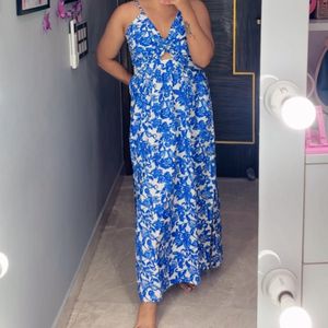 Blue Printed Dual Slit Maxi Dress