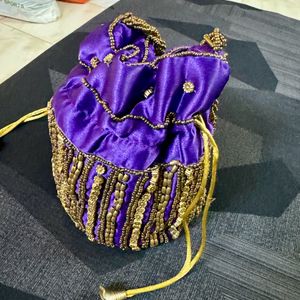 Purple Gold Potli Bag Hand Worked Desion