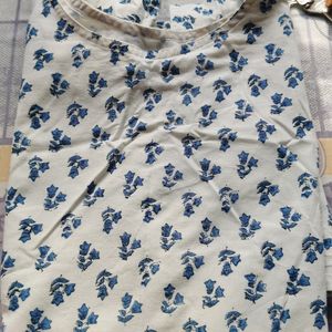 White And Navy Blue Flowers Kurti Pure Cotton