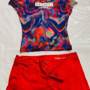 Women Red Shorts With Mesh Tee