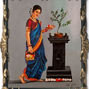 Indian Art Painting: Tulsi Puja 🌿