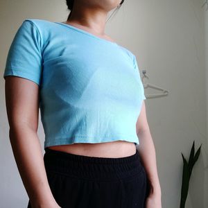 Ribbed Solid Blue Crop Top