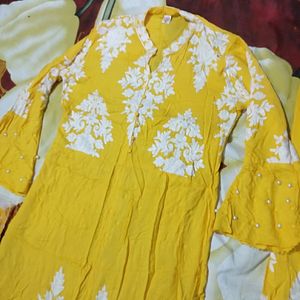 Front Cut Yellow Kurta Palazzo With Dupatta