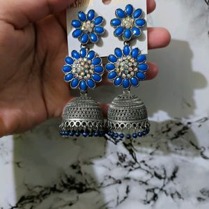 Women Fashion Earrings Blue Stones Oxidised Silver