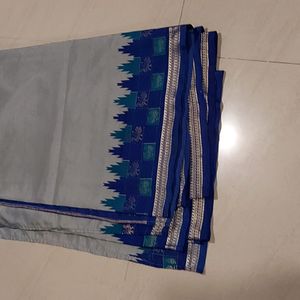 Synthetic grey and blue silk saree