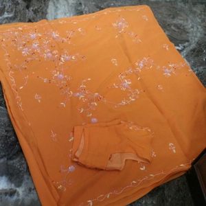 Stone Work Orange Saree With Blouse