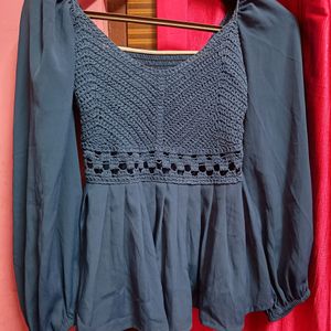 Beautiful New Front Crochet Rusted Blue Top