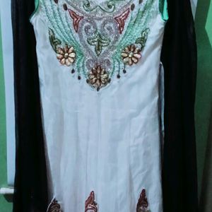 White Frocksuit With Black Net Dupatta