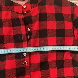 Red& Black Check Cuffed Sleeve Knee Length Shirt