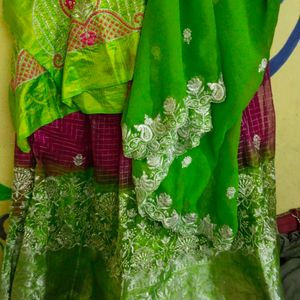 Green And Pink Half Saree/ Lehanga