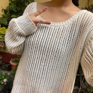 Beige Openwork Knit Woman  Cardigan