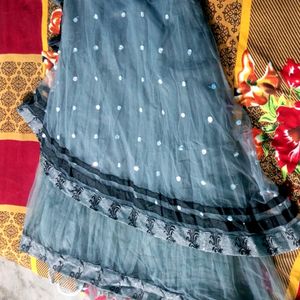 Grey & Black Mirror Work Double Layer Lehnga Choli