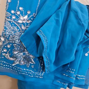 Sequin Blue Saree With Stitched Blouse