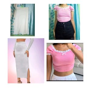 Combo Of Cute Korean Top And WhiteSkirts