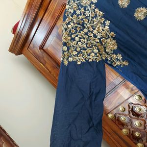 Navy Blue Chinon Handwork Straight Gown