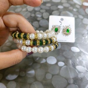 Green Earrings And Stretchable Kangan Set