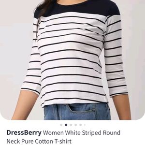 White & Navy Blue Striped Pure Cotton Top
