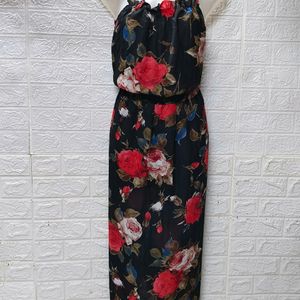 "Elegant Allure: Black Rose Print Gown"