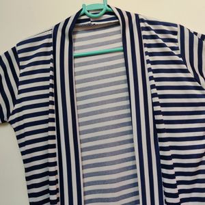 White And Dark Blue Striped Long Shrug (Women)