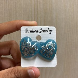 Heart Shape Glittered Earings In Blue Colour