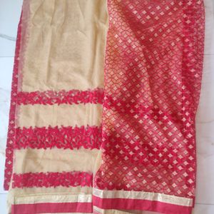 So Beautiful Red And Cream Colour Net Saree