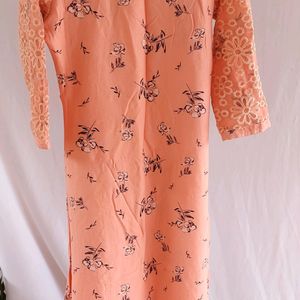 Peach Umbrella Cut Floral Print Dress