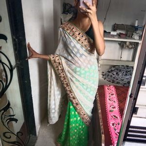 White And Green Heavy Saree