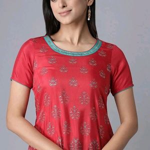 Aurelia Red Glitter Print Kurta -Green Trousers Se