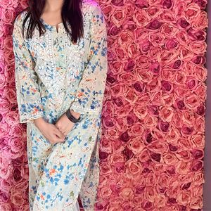 Hand Embroidered Chikankari Printed Mulmul Straight Kurta