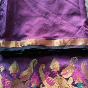 New Purple Poly Cotton Saree With Free Blouse