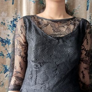 Lace/Net Black Full Length Dress