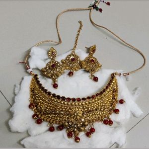 Heavy Golden And Red Kundan With Pearl Set