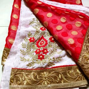 Very Gorgeous Red And White Coloured Chiffon Saree