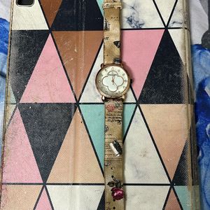 Stylish Vintage-Print Leather Band Wristwatch