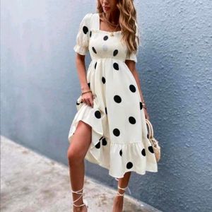 White Knee Length Dress With Black Polka Dots