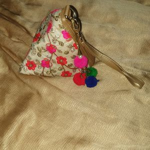 Triangular Golden Zari Embroidered Party Bag