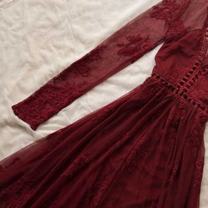 Brownish Maroon Embroidery v Neck Gown