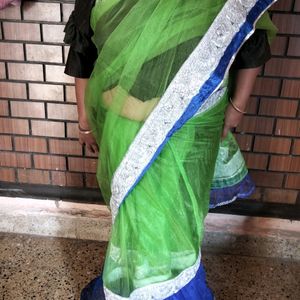 Blue N Green Combination Saree With Silver Bolouse