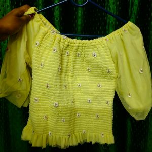 Yellow Net Croched Flower Crop Top