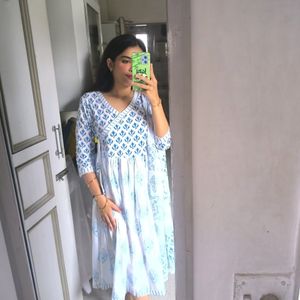 Blue & White Printed Kurta + Dupatta Set