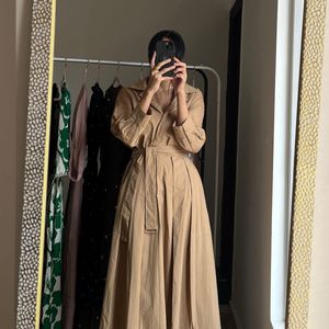 Beige shirt collar Fit & Flare Midi Dress