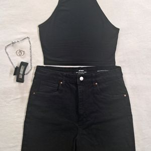 High-Waist Black Denim Shorts