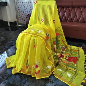 Yellow Handprinted Kota Cotton Saree