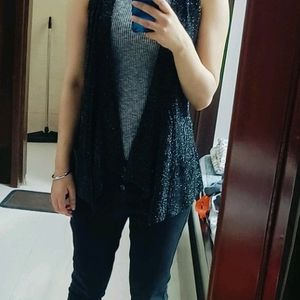 Women Black Shimmer Casual Shrug