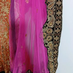 Rose Pink & Orange Lehenga Style Saree (Women)