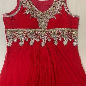 Red Long Flared Gown With Heavy Embroidery