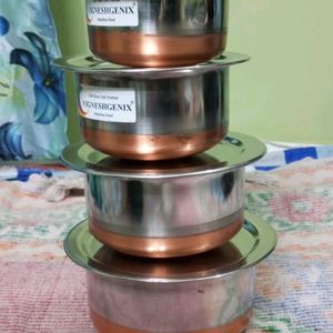 New/Unused Copper Bottom Pateeli Set 5 Wid Lid